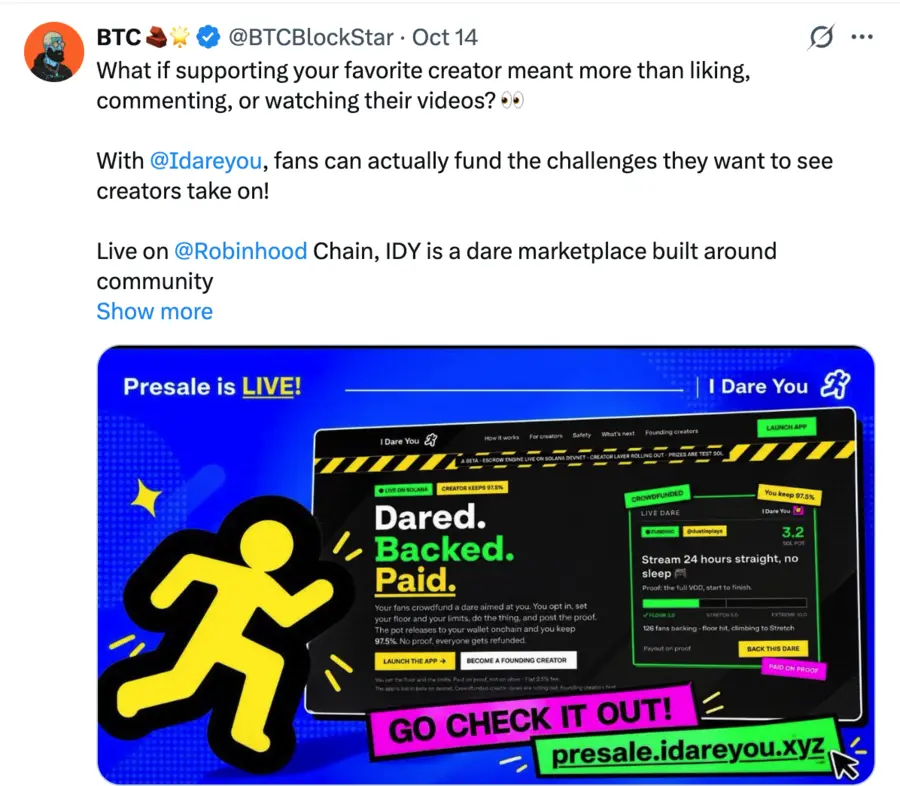 X post about a creator crowdfunding app presale