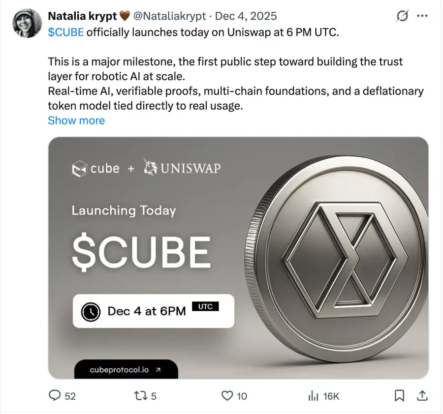 X post announcing a token launch on Uniswap