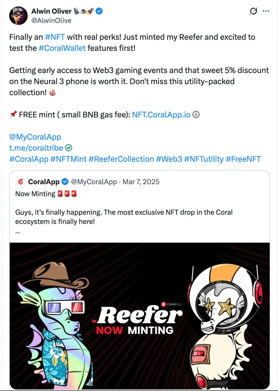 X post about an NFT mint and wallet features