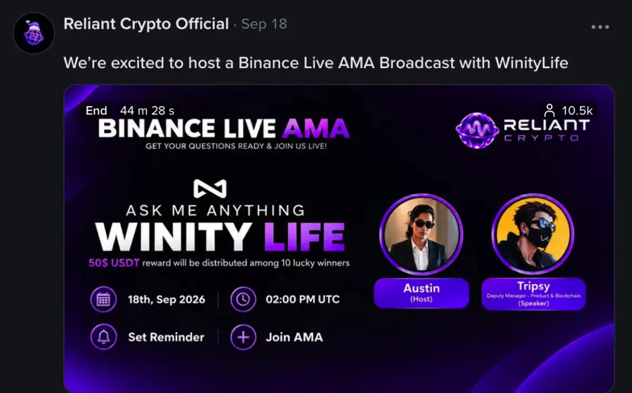 Binance Square post announcing a Binance Live AMA broadcast